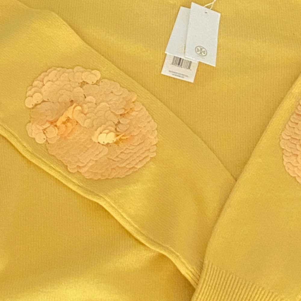 Tory Burch Jasmine Yellow Cashmere Sweater w/ Sequined Elbow Patches